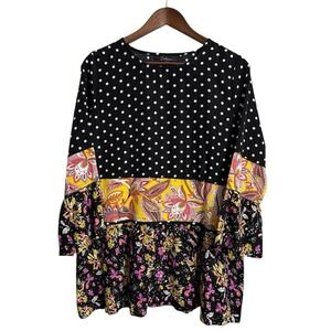 Calessa top women's medium‎ black patchwork mixed print floral dots boho cottage